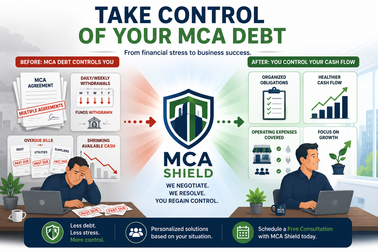MCA debt settlement transformation showing reduced financial pressure, healthier cash flow, organized obligations, and covered business expenses