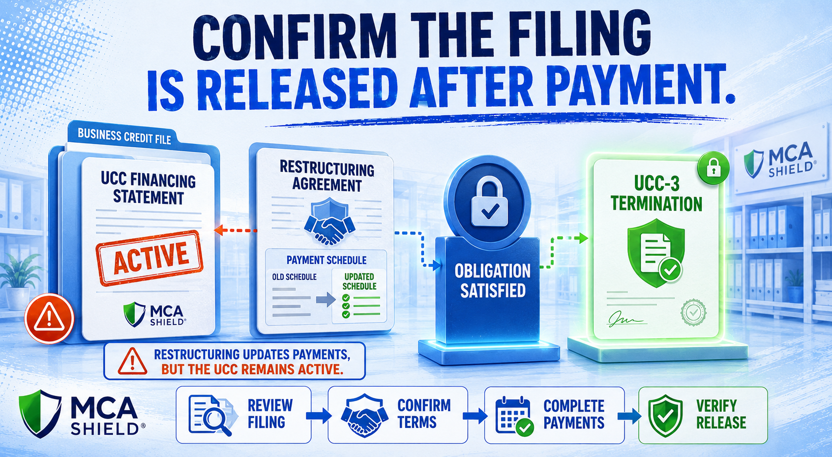 Active UCC financing statement remaining during MCA restructuring until payments are completed and a UCC-3 termination confirms the filing is released