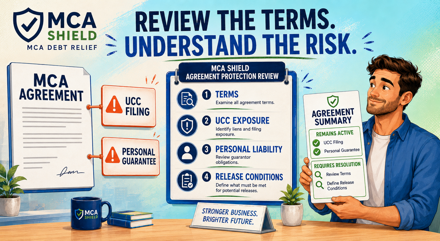 MCA Shield review of UCC filings, personal guarantees, liability, and release conditions during MCA debt restructuring