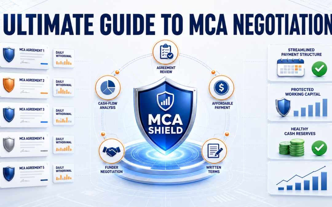 Ultimate guide to MCA negotiation showing agreement review, cash flow analysis, affordable payments, funder negotiation, and protected working capital