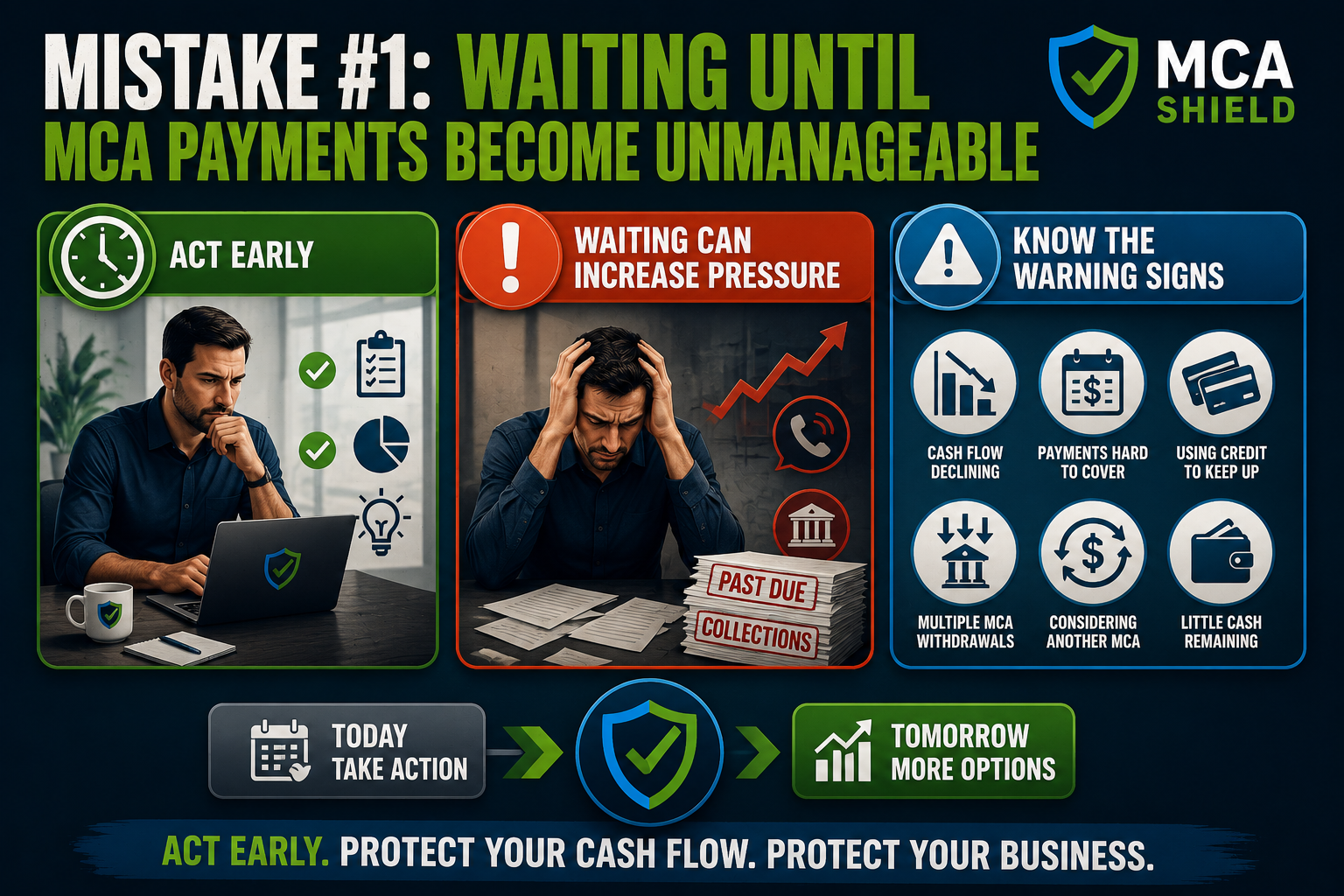 Waiting until MCA payments become unmanageable increases cash flow pressure and collection risks