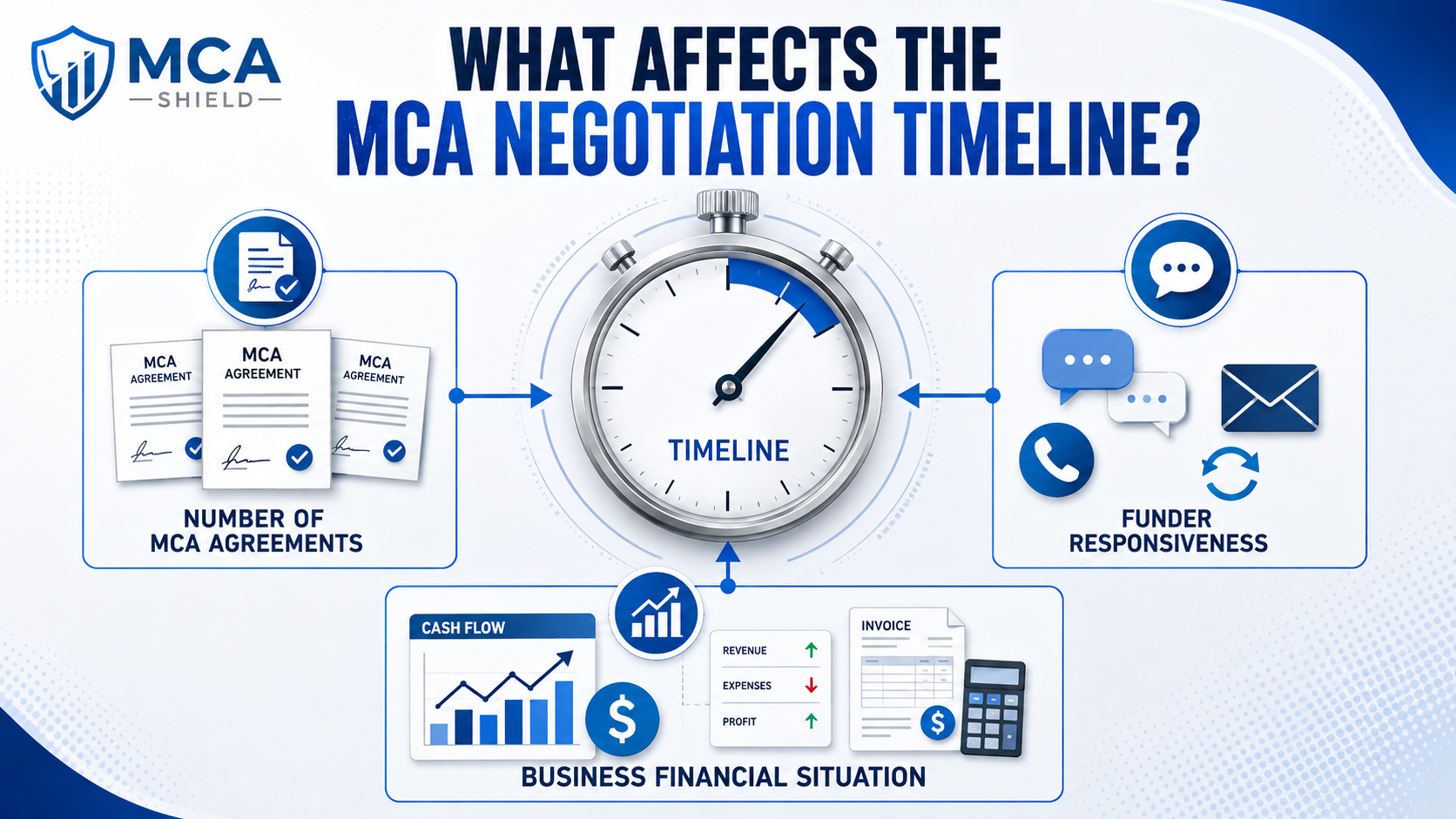 What affects the MCA negotiation timeline including number of agreements funder responsiveness and business financial situation