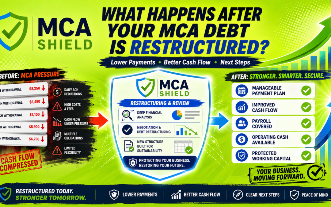 MCA debt restructuring graphic showing lower payments improved cash flow payroll coverage and protected working capital
