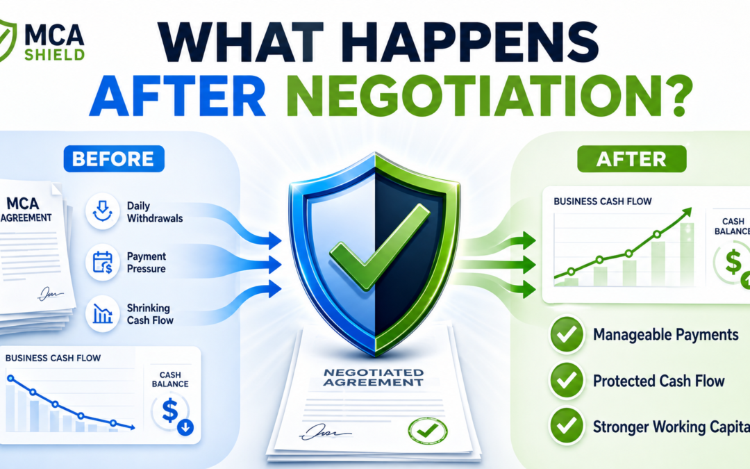 MCA Shield before and after negotiation graphic showing manageable payments protected cash flow and stronger working capital