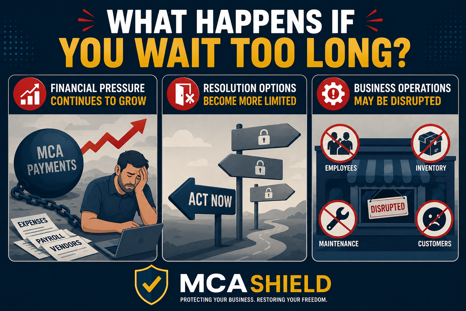 Infographic illustrating what happens if you wait too long to seek MCA debt relief, including growing financial pressure, fewer debt relief options, and disruptions to normal business operations.