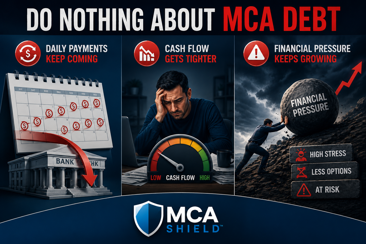 Illustration showing the consequences of doing nothing about MCA debt, including ongoing daily ACH payments, worsening cash flow, and increasing financial pressure on a business.