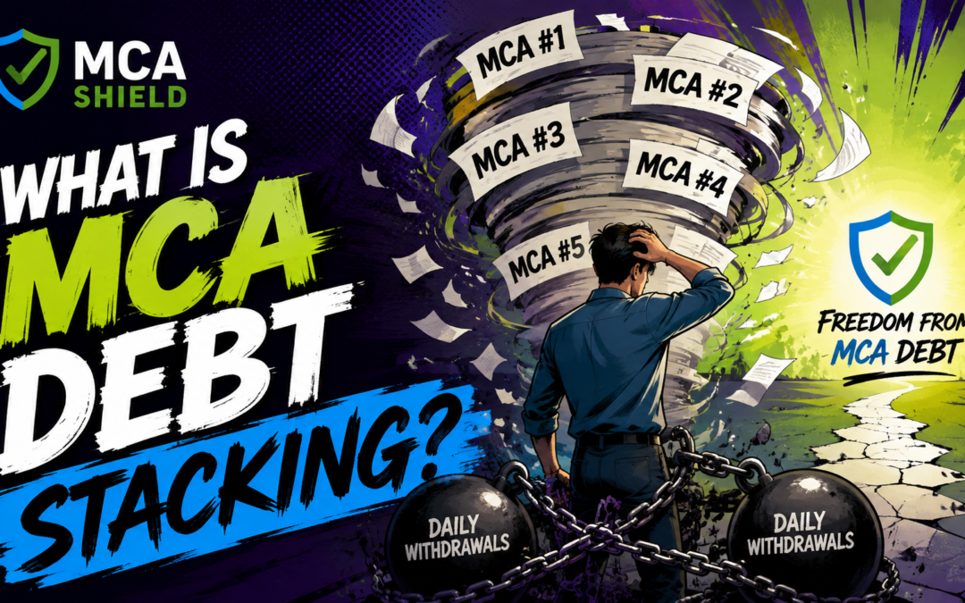 MCA debt stacking with multiple merchant cash advances and daily withdrawals creating financial pressure for a business owner