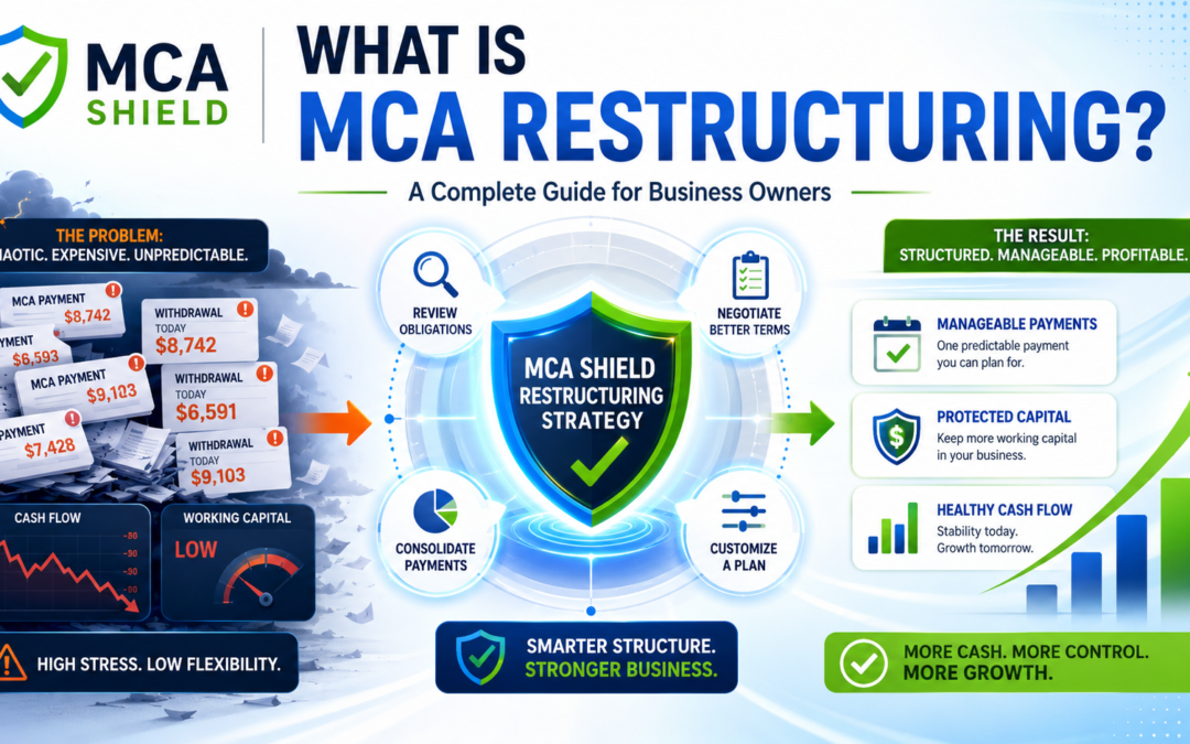 MCA restructuring graphic showing multiple merchant cash advance payments reorganized into a manageable payment strategy with protected working capital and improved cash flow