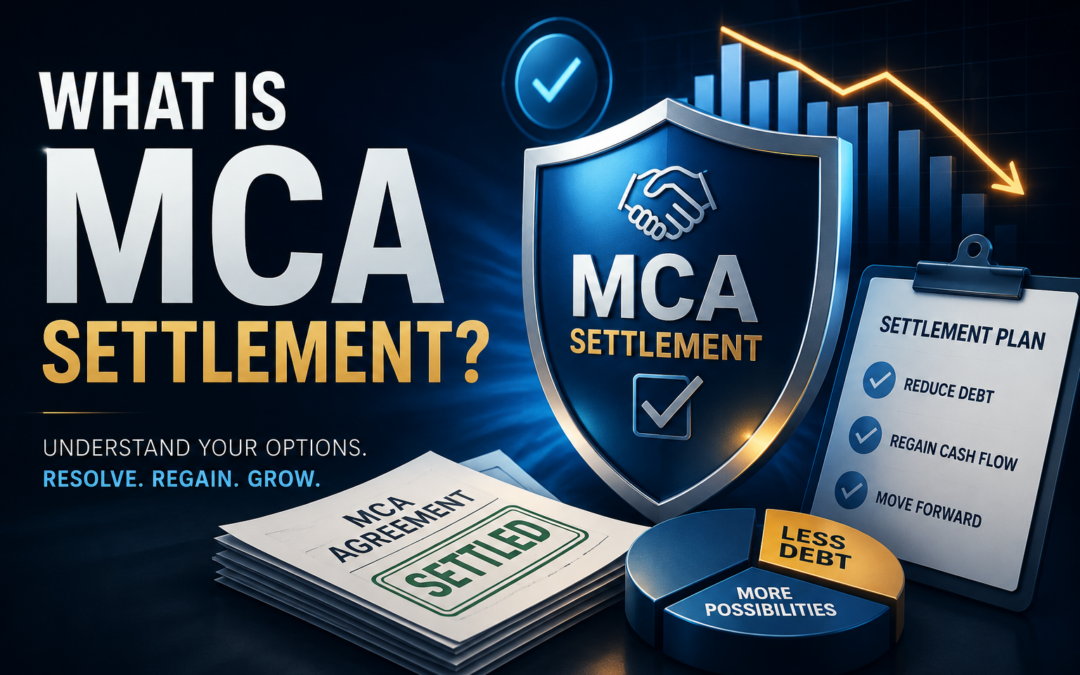 What is MCA settlement graphic showing MCA debt settlement, reduced debt, improved cash flow, and business financial recovery