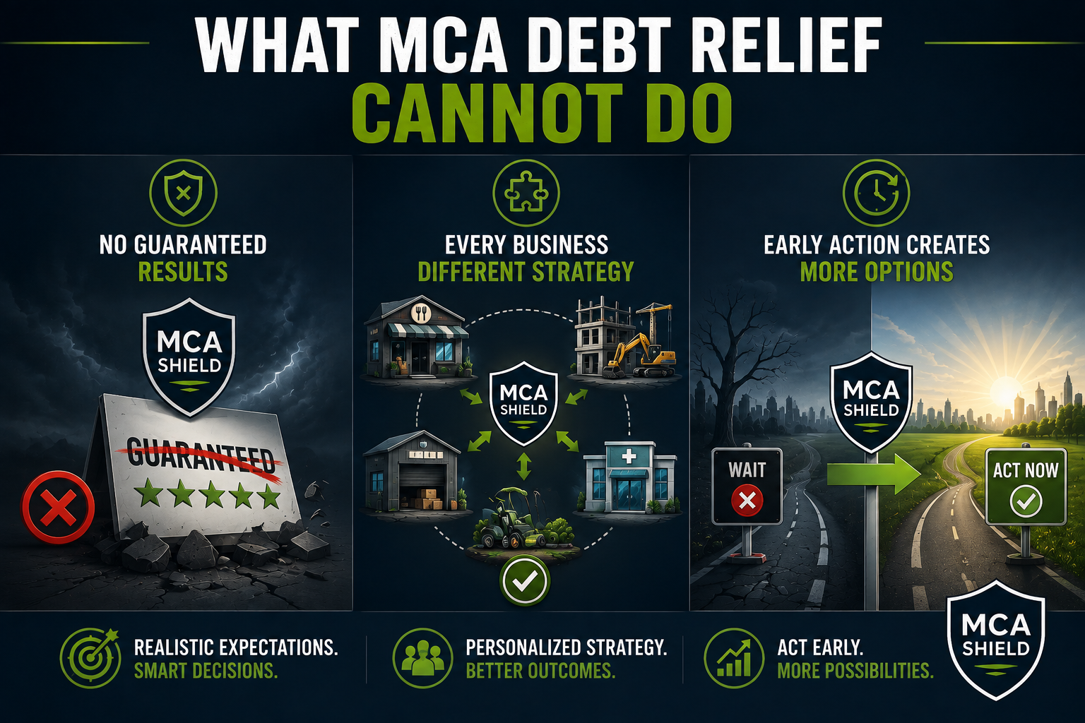 Illustration explaining what MCA debt relief cannot do, highlighting that Merchant Cash Advance debt relief cannot guarantee results, requires a personalized strategy for every business, and offers more options when action is taken early.