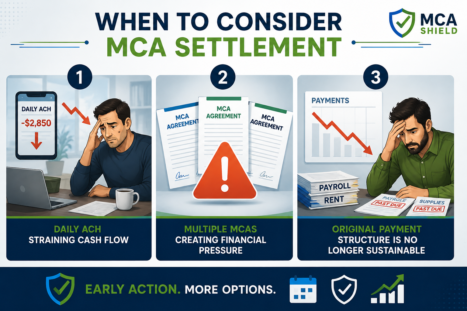 Signs to consider MCA settlement including daily ACH withdrawals, multiple MCAs, and an unsustainable payment structure