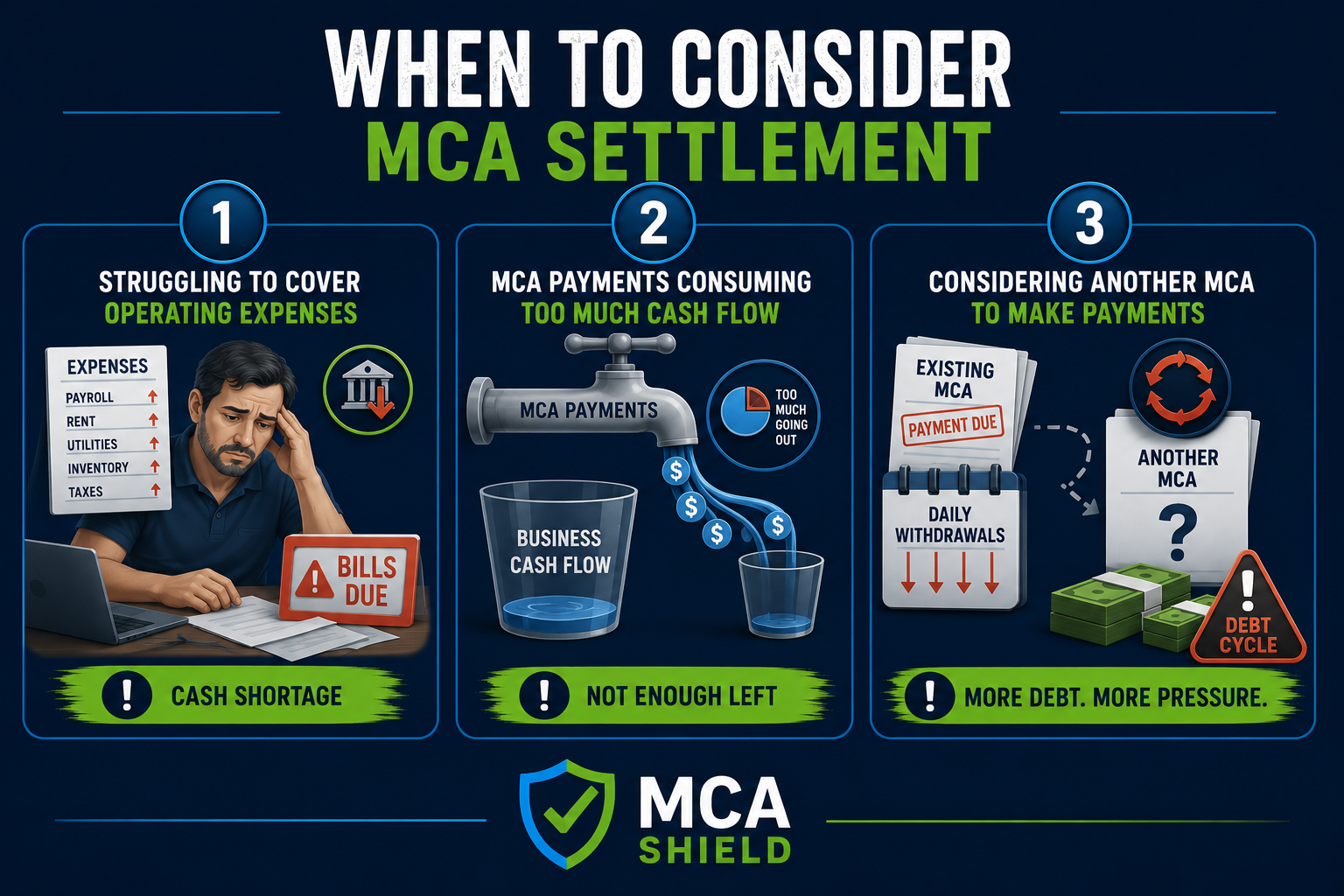 When to consider merchant cash advance settlement including cash flow problems, operating expenses, and taking another MCA to make payments