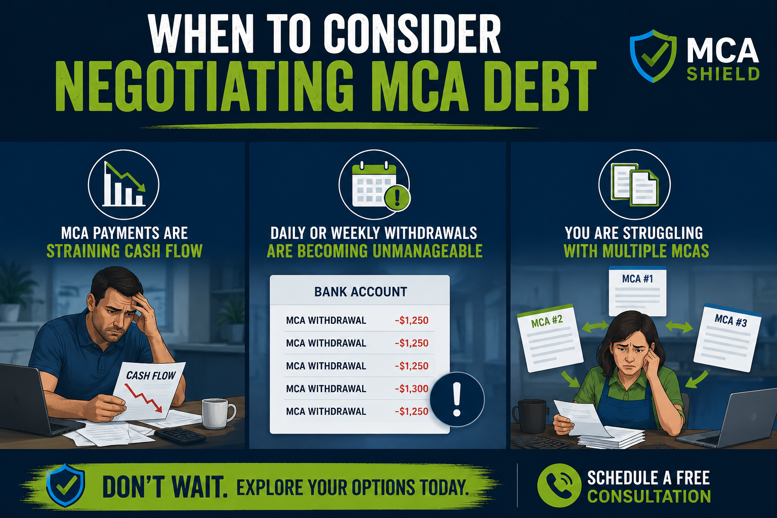 Merchant cash advance debt negotiation warning signs including cash flow strain daily withdrawals and multiple MCAs