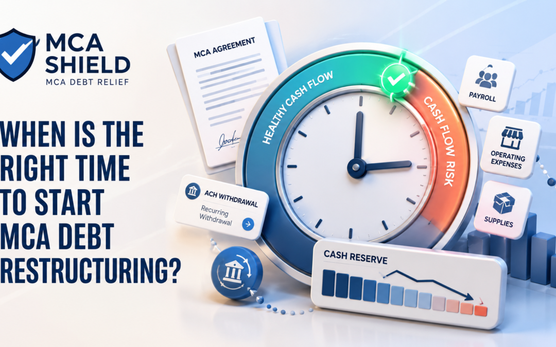 MCA debt restructuring timing graphic showing a clock, cash-flow risk, ACH withdrawals, payroll, operating expenses, and declining cash reserves