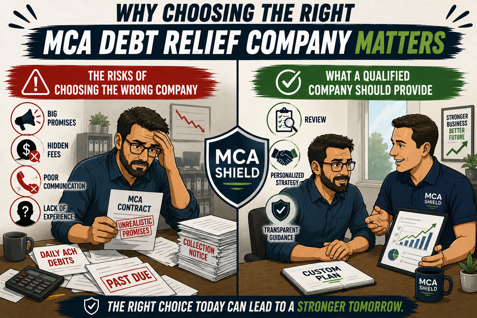 Illustration comparing the risks of choosing the wrong MCA debt relief company with the benefits of working with an experienced provider offering transparent guidance, personalized strategies, and Merchant Cash Advance debt relief solutions.