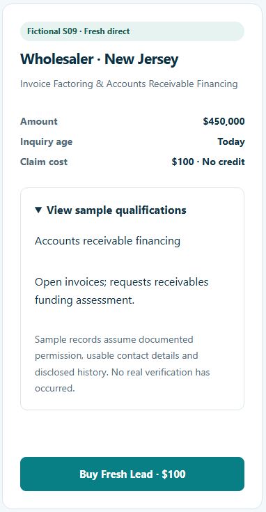 Sample accounts receivable financing lead for a New Jersey wholesaler listing $450,000 and open invoices for funding assessment.
