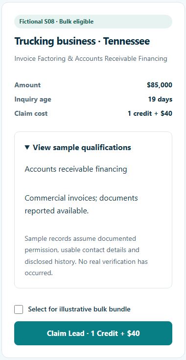 Sample accounts receivable financing lead for a Tennessee trucking business listing $85,000 and commercial invoices.
