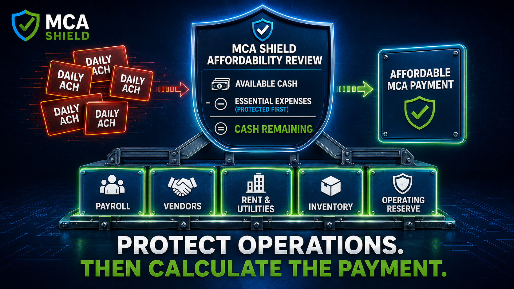 MCA Shield affordability review calculates an affordable MCA payment after protecting payroll, vendors, rent, utilities, inventory, and operating reserves