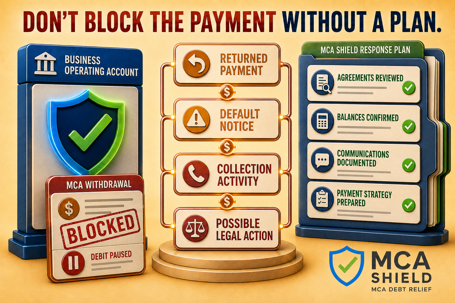 MCA Shield response plan showing what may happen after an MCA ACH withdrawal is blocked
