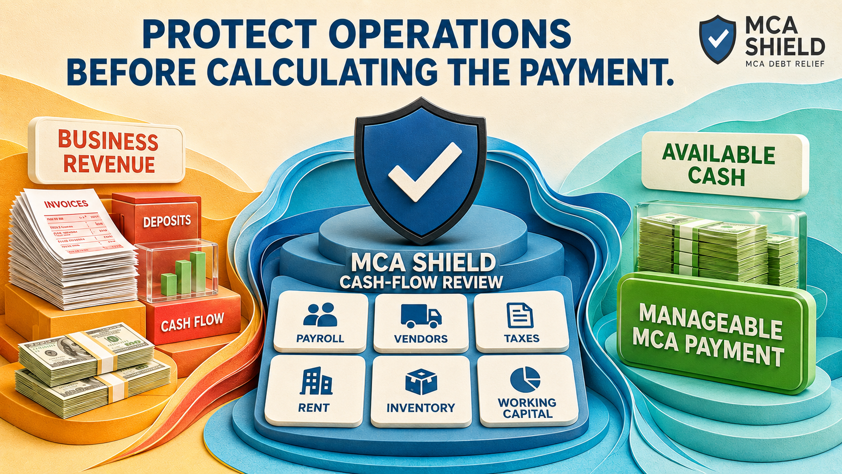 MCA Shield cash-flow review calculating an affordable MCA payment after protecting essential business expenses
