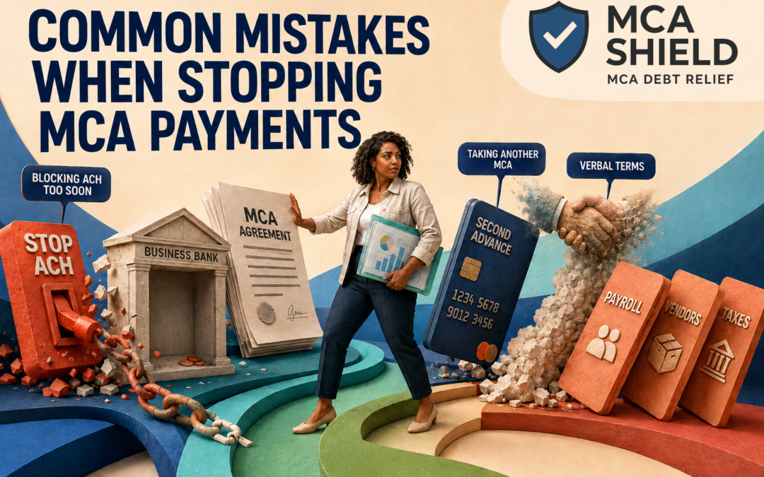 Business owner reviewing common mistakes when stopping MCA payments, including blocking ACH withdrawals and taking another advance