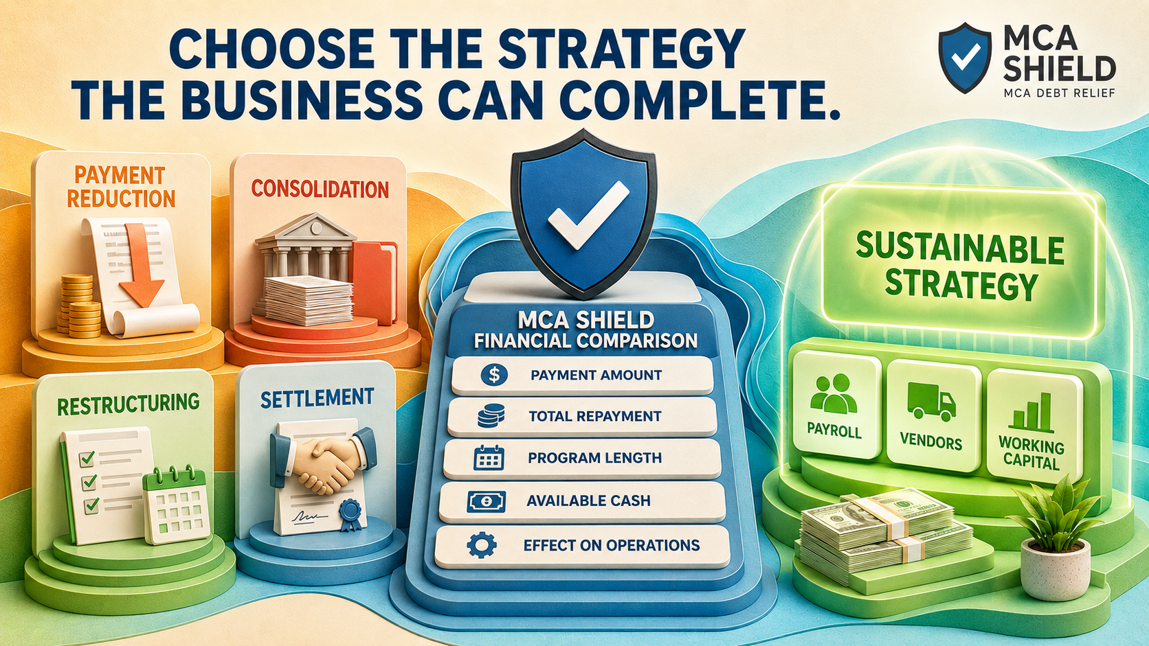 MCA Shield comparison of payment reduction, consolidation, restructuring, and settlement based on cost and business cash flow

