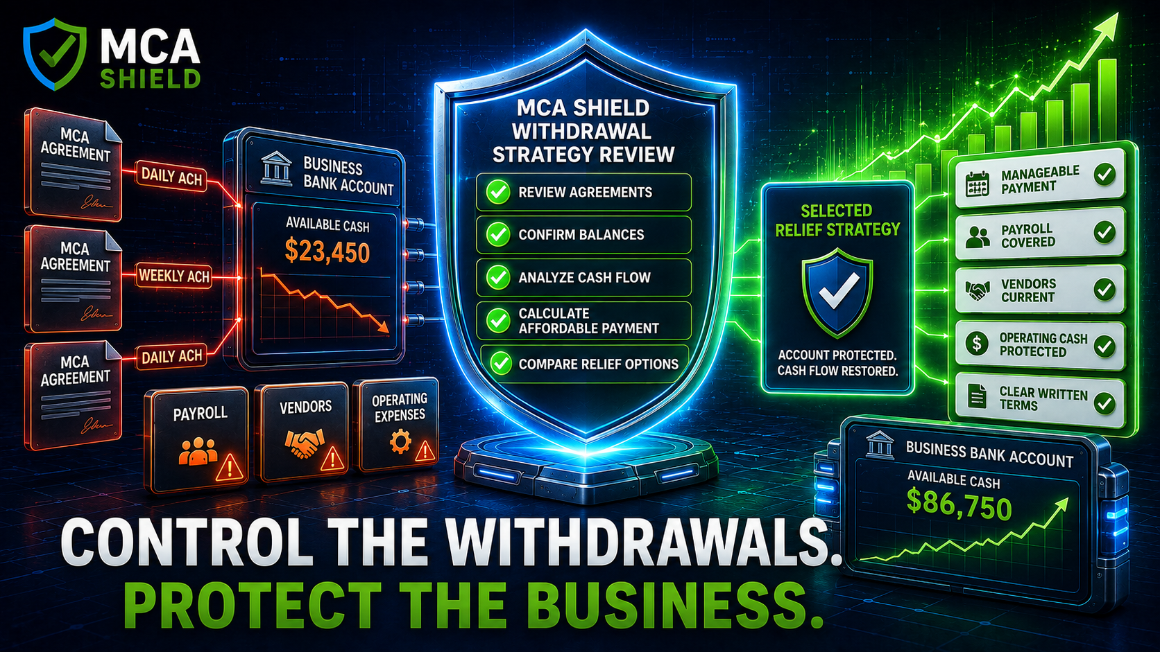 MCA Shield withdrawal strategy review organizes agreements, balances, cash flow, and relief options to protect payroll, vendors, and operating cash
