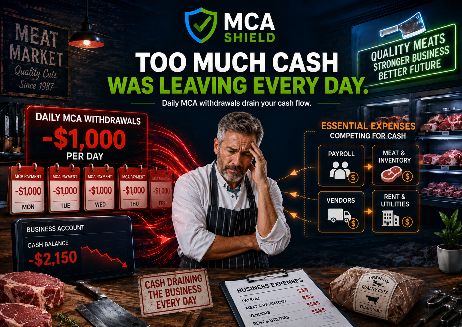 Butcher shop owner facing cash-flow pressure as daily MCA withdrawals drain money needed for payroll inventory vendors and utilities