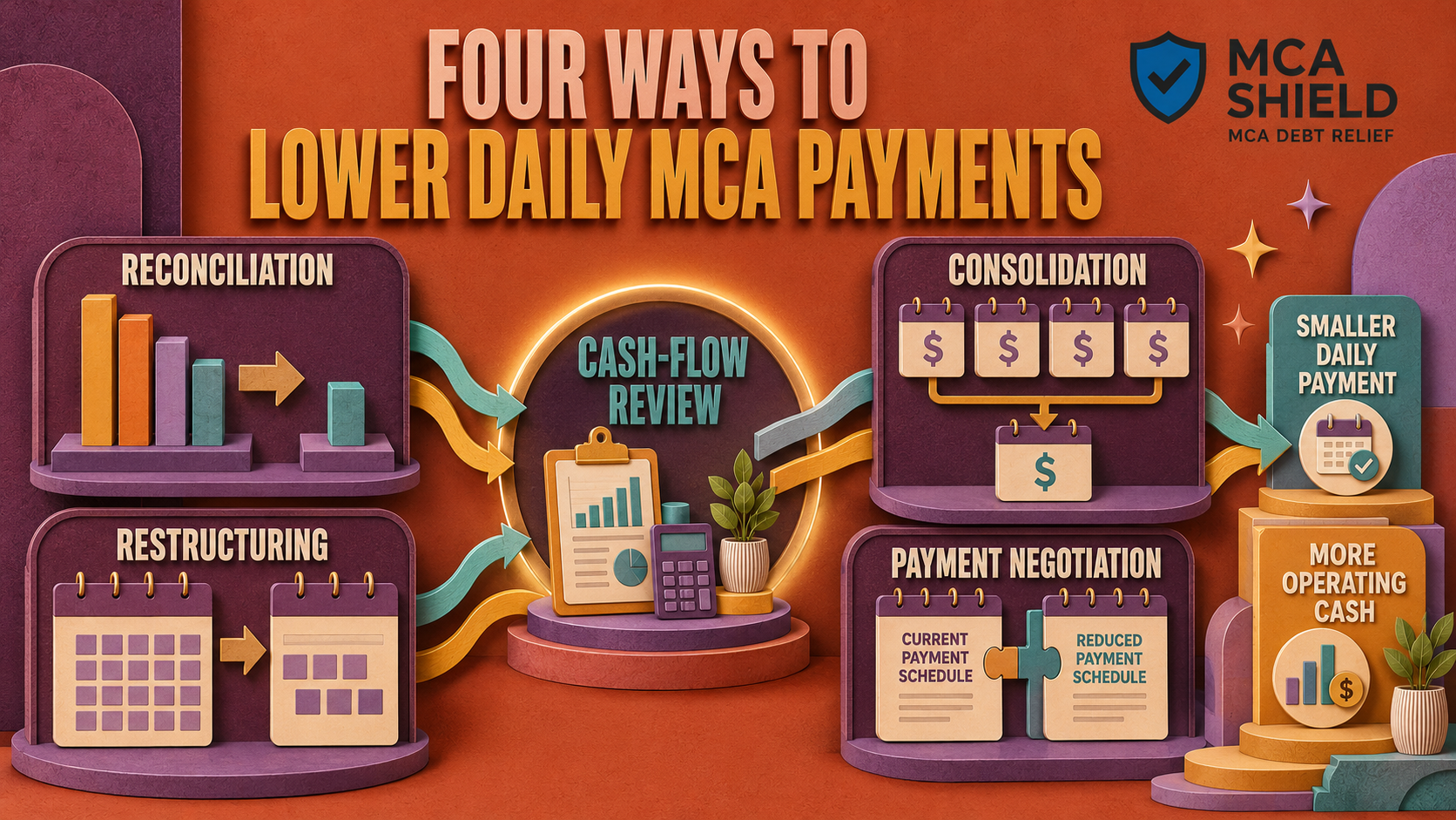 Four ways to lower daily MCA payments through reconciliation, restructuring, consolidation, and payment negotiation
