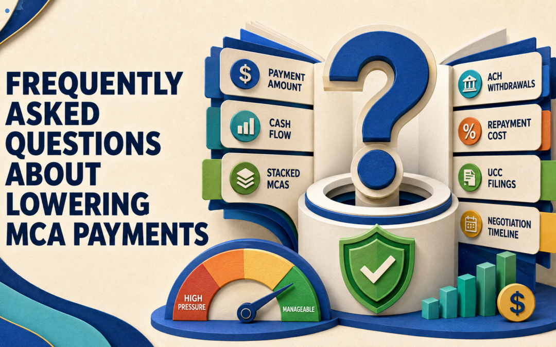 Frequently asked questions about lowering MCA payments, including payment amounts, cash flow, ACH withdrawals, repayment costs, and stacked MCAs