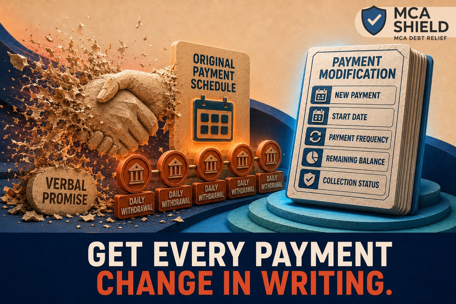 Dissolving verbal promise beside active MCA withdrawals and a written payment modification with clearly documented terms
