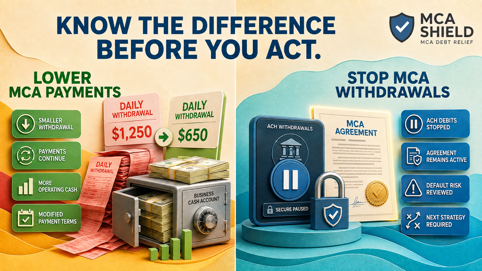 Comparison of lowering MCA payments versus stopping withdrawals before changing business payment terms

