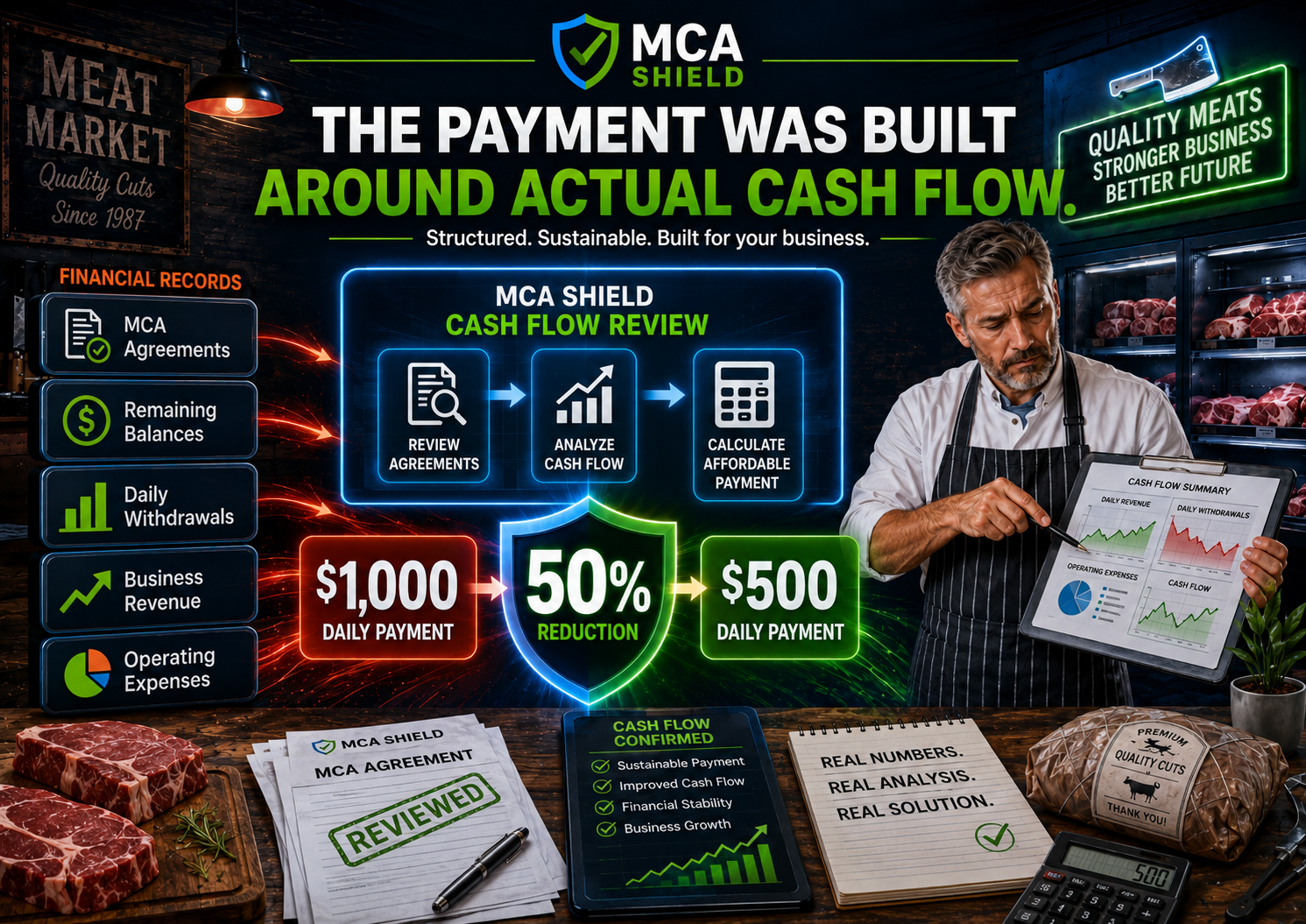 Butcher shop owner reviews cash flow and MCA agreements to reduce daily MCA payments from $1,000 to $500