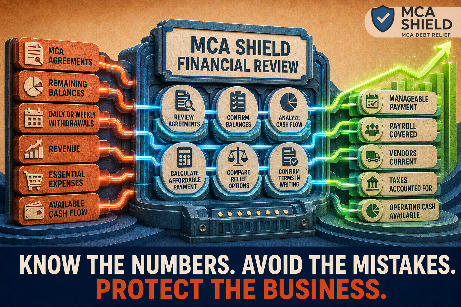 MCA financial review turning agreements, balances, withdrawals, revenue, expenses, and cash flow into a protected payment strategy
