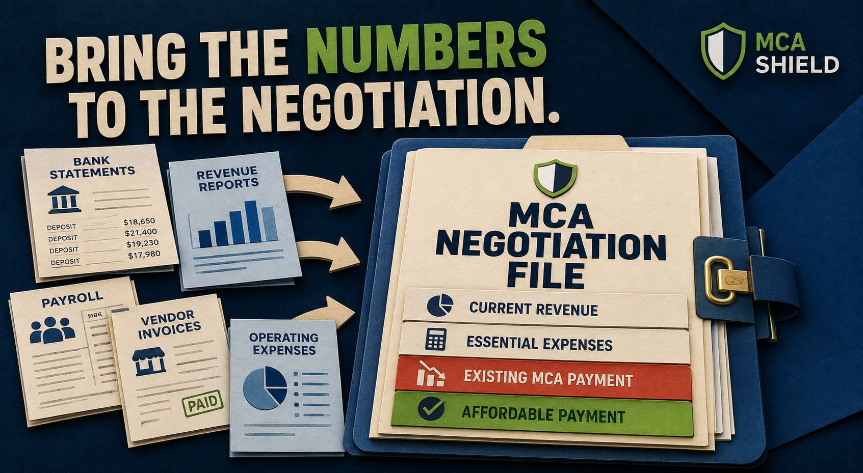 Financial records organized into an MCA negotiation file to calculate an affordable payment