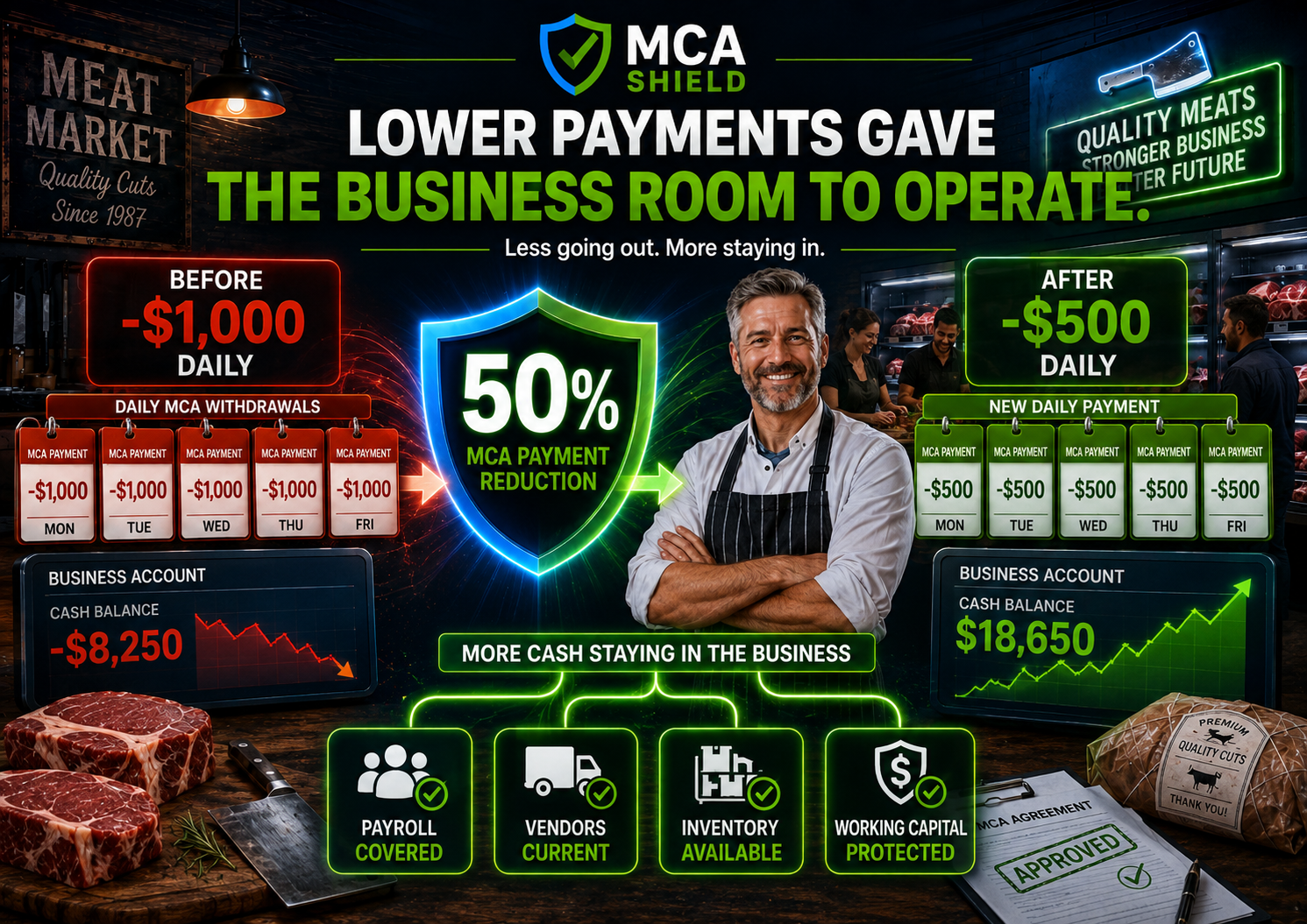 Butcher shop owner benefits from a 50 percent MCA payment reduction with more cash available for payroll vendors inventory and working capital