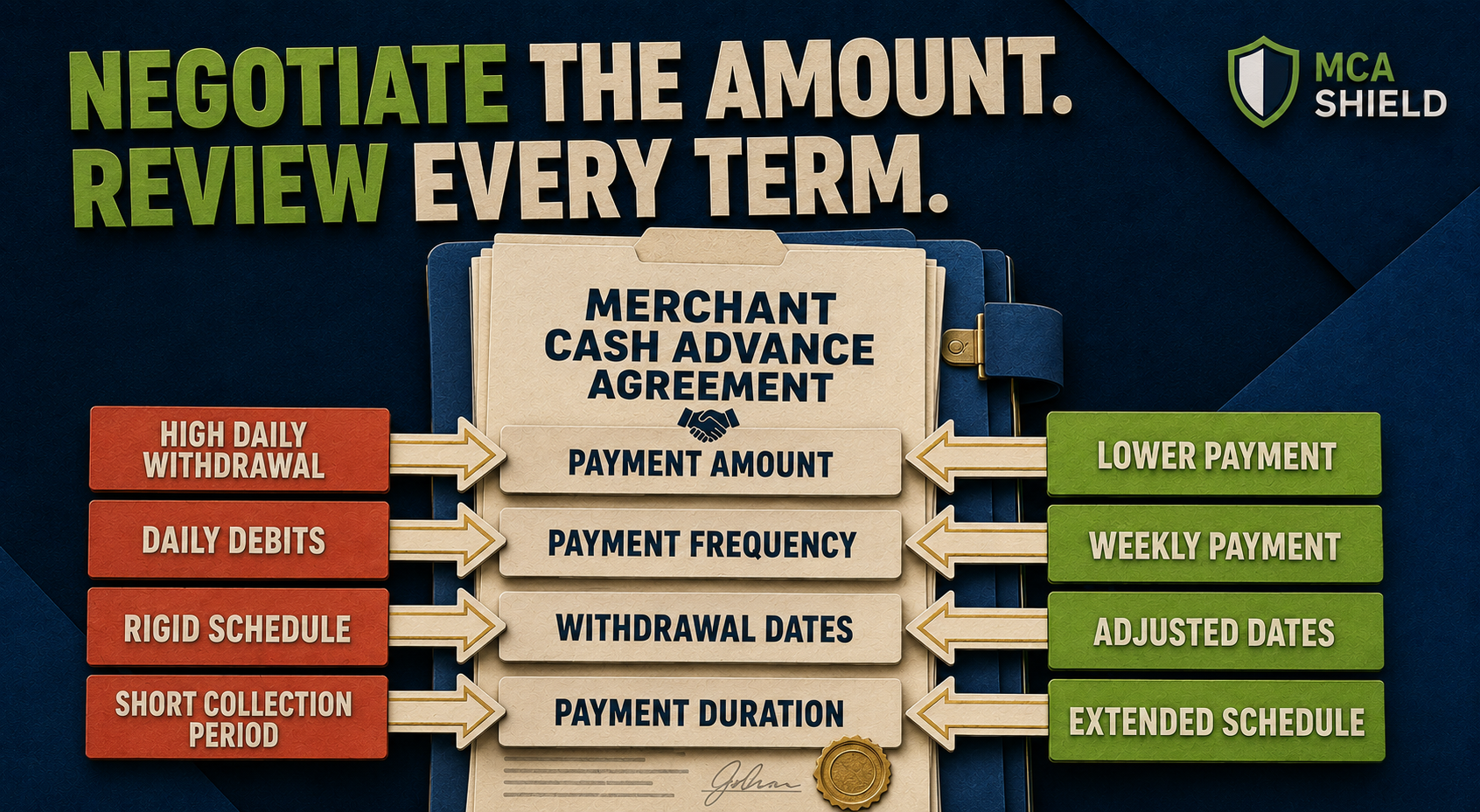 Merchant cash advance agreement showing payment terms that may be negotiated
