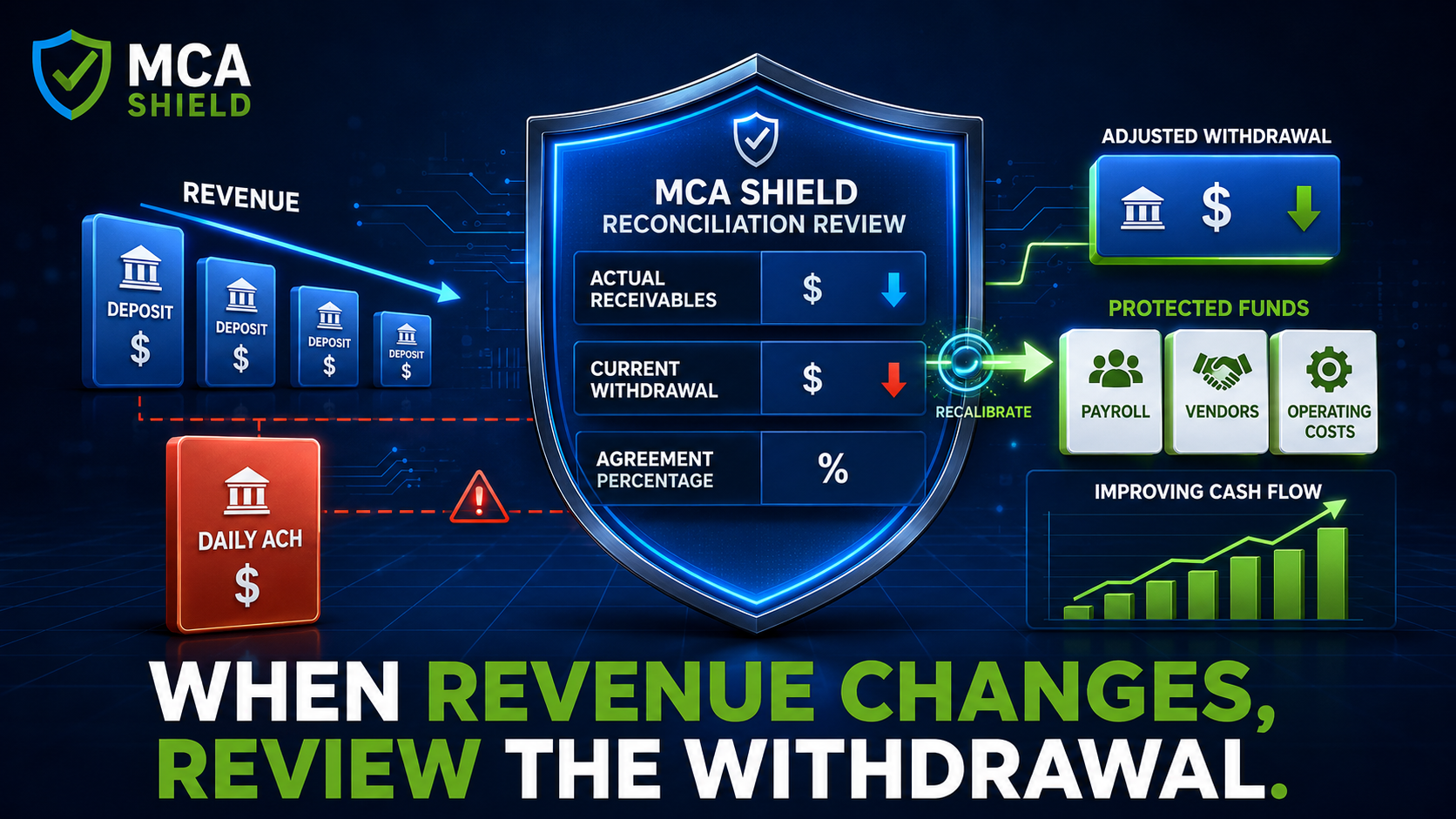 MCA Shield reconciliation review adjusts daily MCA withdrawals to declining revenue while protecting payroll, vendors, and operating costs
