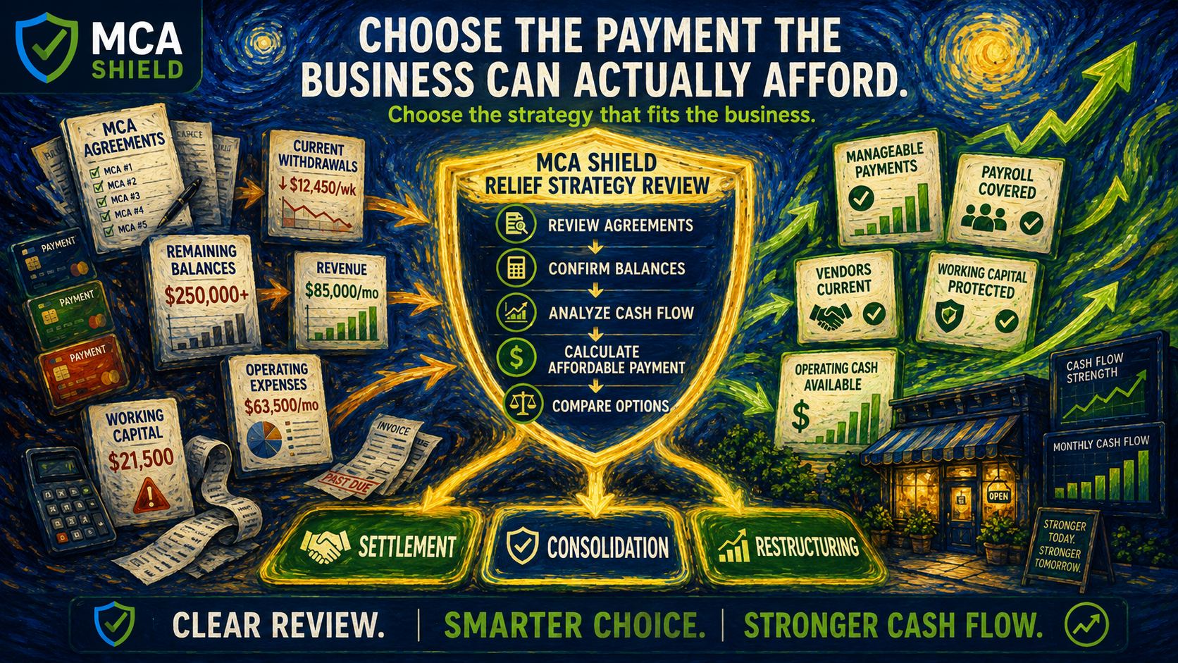MCA relief strategy review showing settlement consolidation and restructuring options based on agreements balances cash flow and affordable payments to protect payroll vendors and working capital