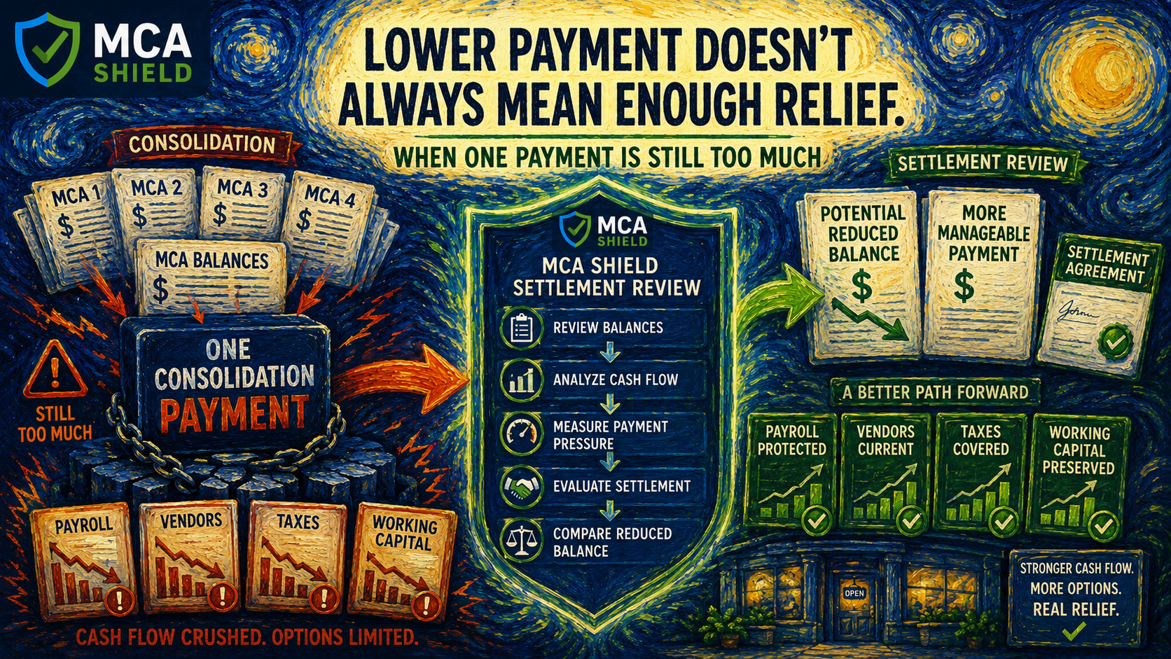 MCA settlement vs consolidation showing one large consolidation payment straining payroll vendors taxes and working capital while settlement reviews a reduced balance