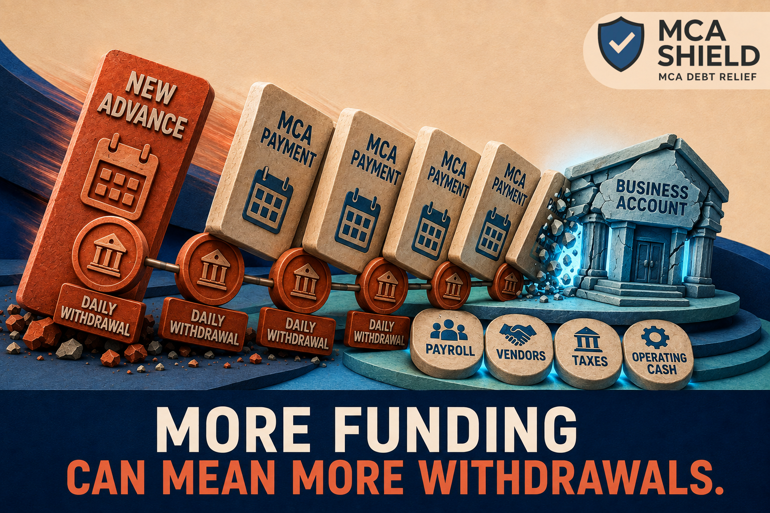 Stacked MCA payments creating more daily withdrawals and pressure on payroll, vendors, taxes, and operating cash
