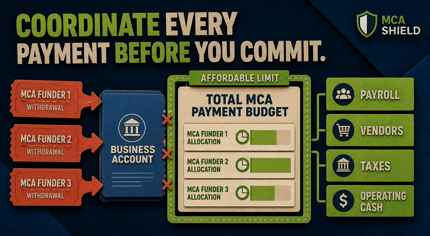 Multiple MCA funder payments coordinated within one affordable business payment budget
