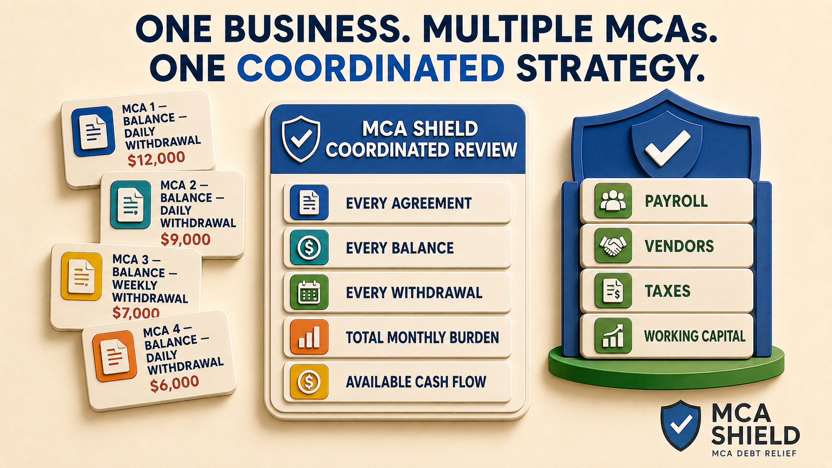 Coordinated MCA review comparing multiple stacked advances, balances, withdrawals, cash flow, and essential business expenses
