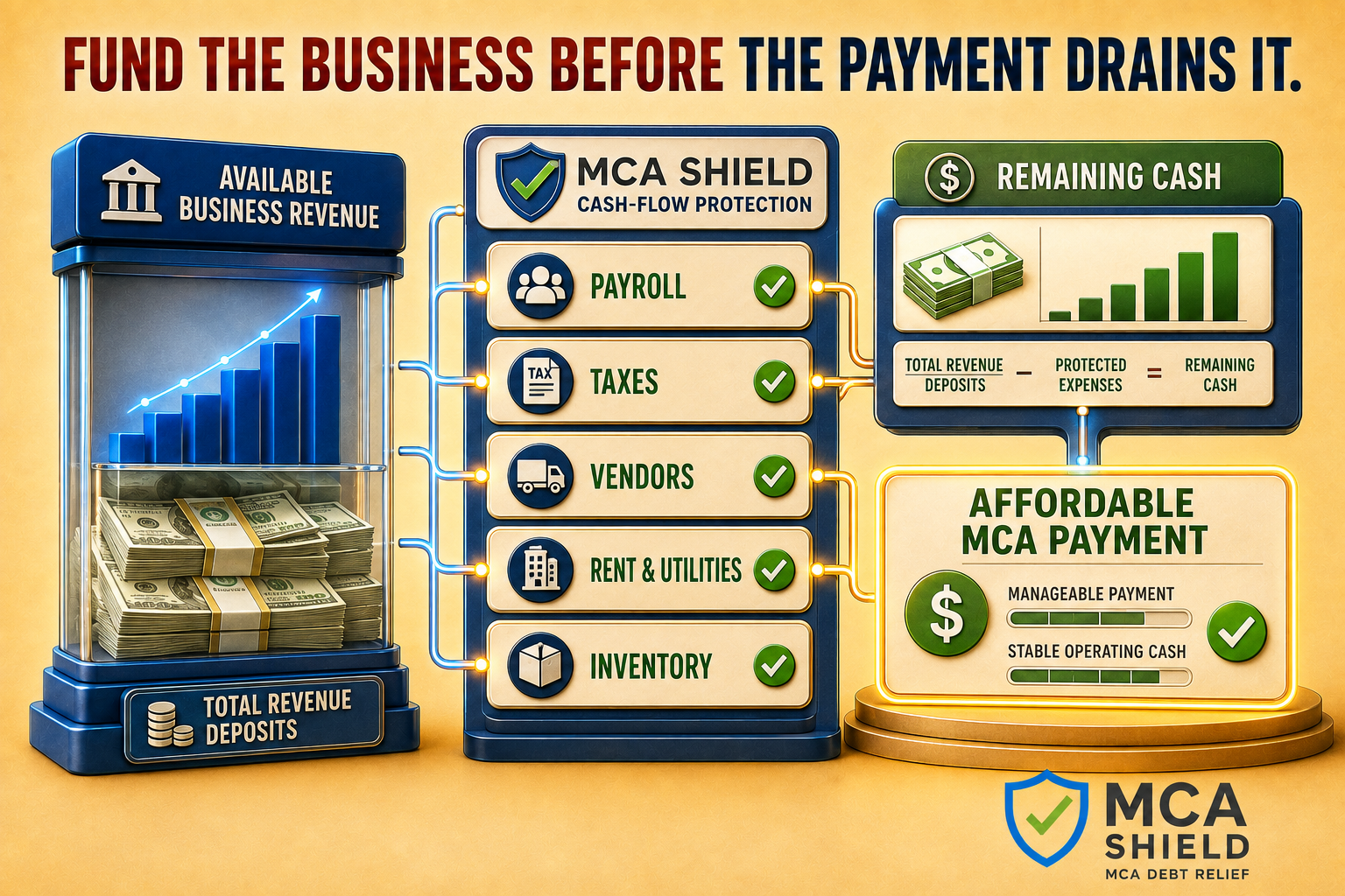 MCA Shield cash-flow strategy protecting payroll, taxes, vendors, rent, utilities, and inventory while calculating an affordable MCA payment
