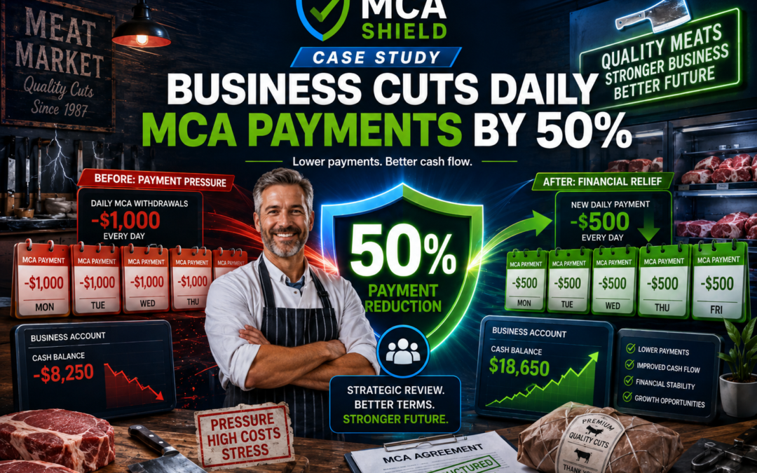 Butcher business owner case study showing daily MCA payments cut by 50 percent to improve cash flow with MCA Shield