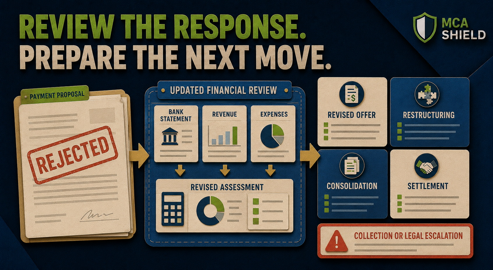Rejected MCA payment proposal reviewed alongside restructuring consolidation and settlement options
