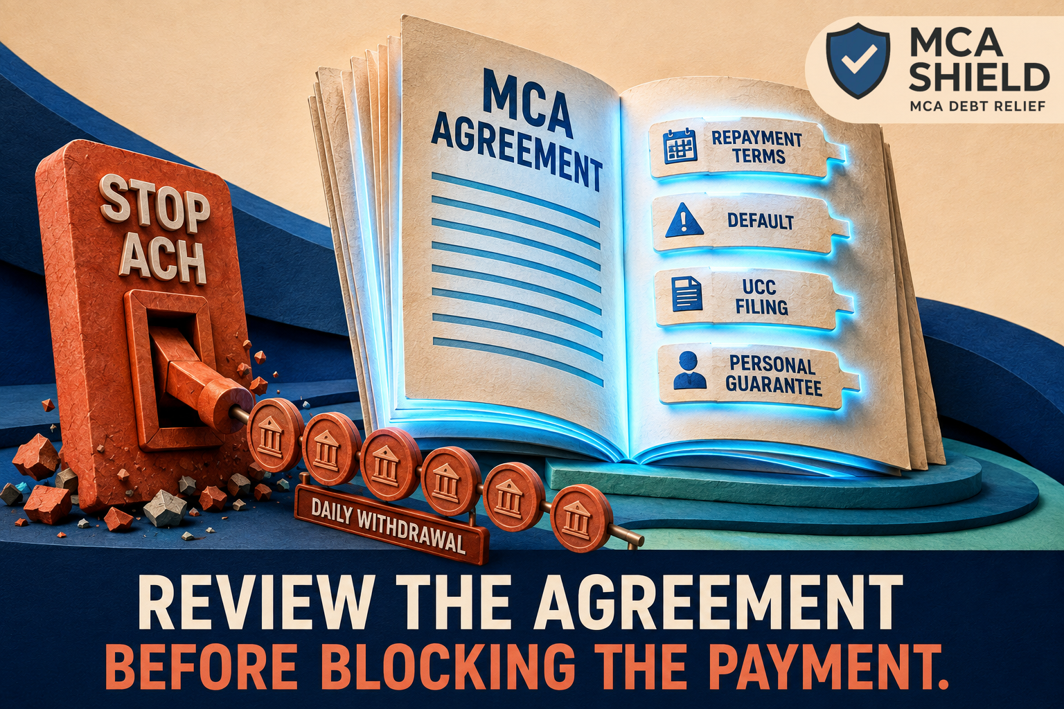 Stopped MCA withdrawal beside an active agreement showing repayment terms, default, UCC filing, and personal guarantee clauses
