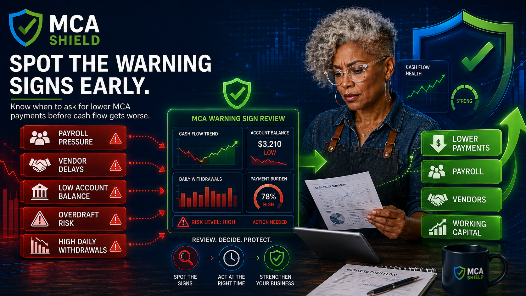 Business owner reviewing payroll pressure vendor delays low account balance overdraft risk and high daily MCA withdrawals before cash flow gets worse