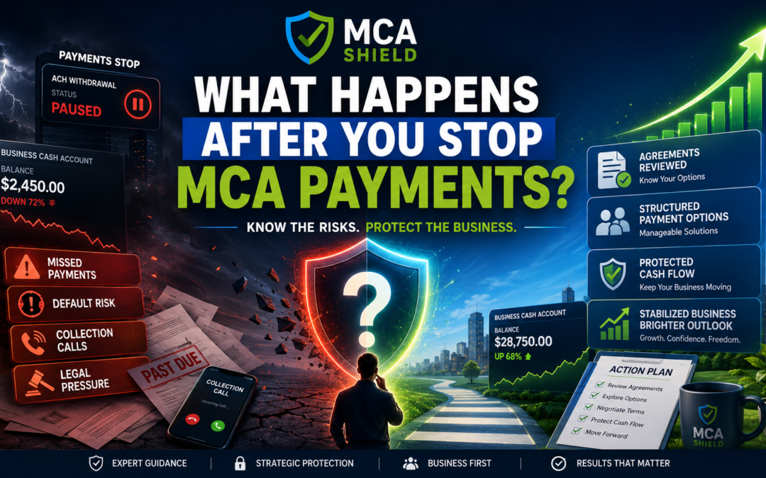 What happens after you stop MCA payments showing missed payments, default risk, collection pressure, reviewed agreements, protected cash flow, and MCA Shield business relief options