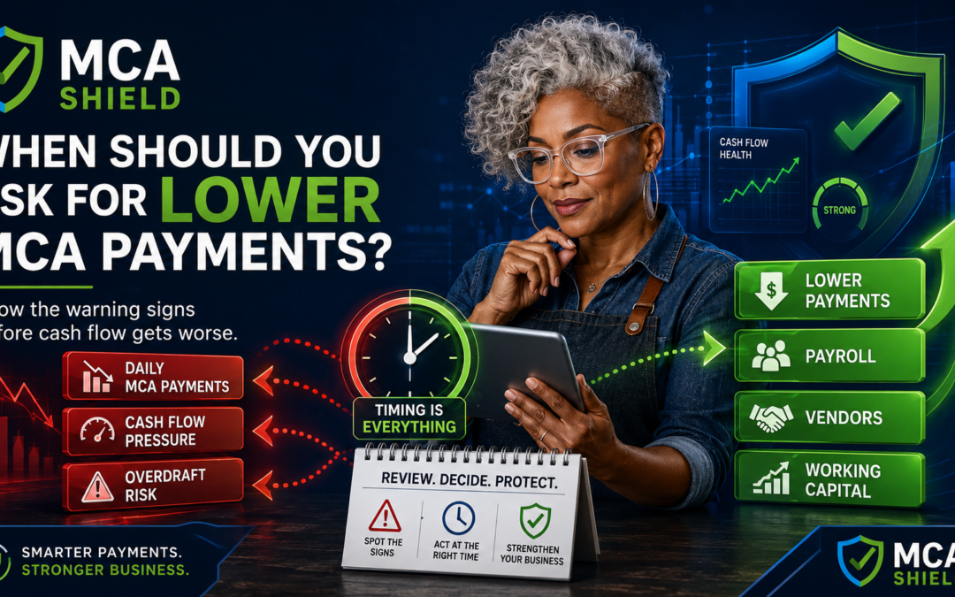 Business owner reviewing cash flow and warning signs to determine when to ask for lower MCA payments with MCA Shield